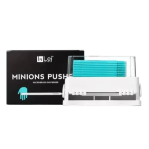 InLei Minions Pusher Microbrush Dispenser with turquoise microbrushes in a sleek white holder, designed for hygienic and convenient lash and brow treatment application