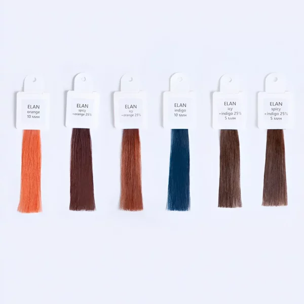 ÉLAN Eyebrow Tint Colour Booster swatches showing Orange, Indigo, Spicy, and Icy shades with 25% pigment mixes and processing times