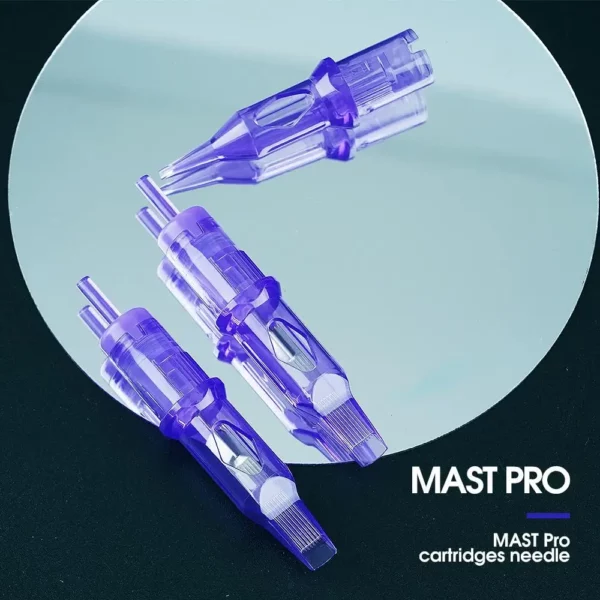 Mast Pro PMU needle cartridges with a transparent purple design on a reflective mirror, ideal for precise permanent makeup applications