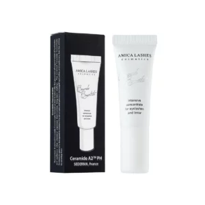 Amica Lashes Ceramide Concentrate in white tube with box, an intensive treatment for strengthening and restoring eyelashes and brows