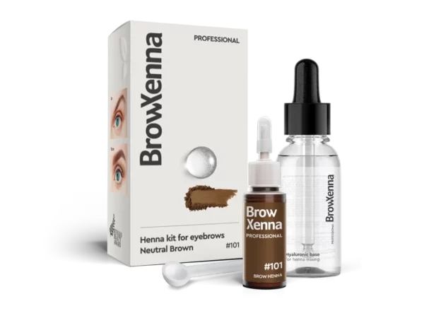 BrowXenna Henna Kit #101 Neutral Brown with hyaluronic base, brow henna bottle, dropper and measuring spoon for eyebrow tinting