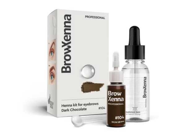 BrowXenna Henna Kit #104 Dark Chocolate with deep brown henna, hyaluronic base, and accessories for rich eyebrow color and definition