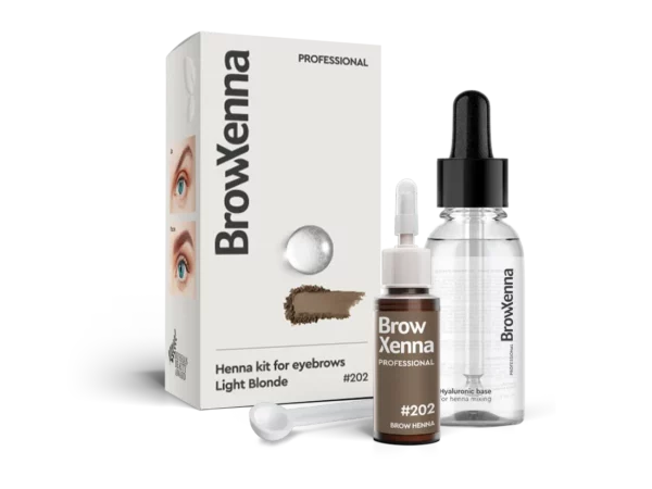 BrowXenna Light Blonde #202 eyebrow henna kit with soft blonde pigment, hyaluronic mixing base and dropper