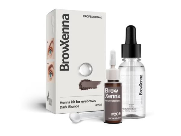 BrowXenna Dark Blonde #205 henna eyebrow kit including darker blonde henna, hyaluronic base and measuring spoon