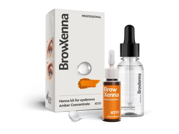 BrowXenna Amber Concentrate #210 henna kit with vivid amber pigment, hyaluronic mixing base and dropper tool