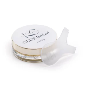 Kensi Cosmetics Glue Balm in clear jar with gold rim and applicator tool, 8g of super sticky formula for lifting and styling lashes