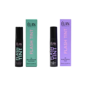Élan Flash Tint in shades 13 Milk Chocolate and 12 Black Truffle, each shown with matching packaging for brow and lash tinting
