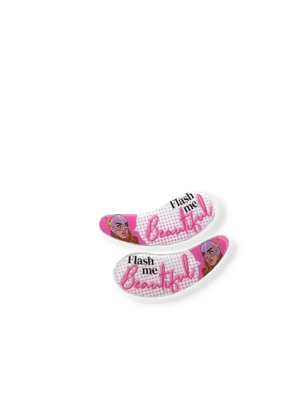 Pink Flash InstaHero Patches set with two white and pink superhero-themed under eye patches featuring "Flash Me Beautiful" text for lash lift treatments