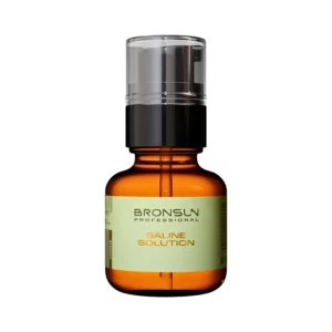 Bronsun Professional Saline Solution in amber glass bottle with pump, ideal for cleansing and preparing brows and lashes before tinting or lamination treatments