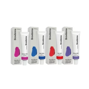 BrowXenna RainBrow Coloring Pigments set with tubes and boxes in Barbie Pink, Dark Blue, Hot Red, and Ultraviolet shades for vivid brow tinting
