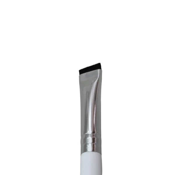 Close-up of the Early Lift flat wide brush with angled bristles, silver ferrule, and white handle for precise lash and brow product application