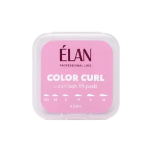 Élan Color Curl L-Curl Lash Lift Pads in pink packaging, containing six pairs of silicone shields in sizes XXS to XL, designed for creating precise L-curl effects in professional lash lift treatments