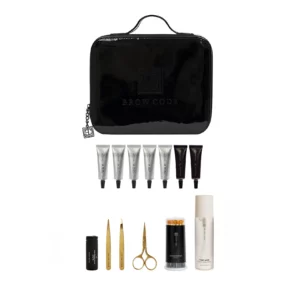 Brow Code PPD-Free Gel Tint Kit with carry case, tint tubes, tweezers, scissors, brushes and First Base cleanser for salon brow tinting