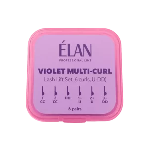 Elan Violet Multi-Curl lash lift shields set with six U-DD curl sizes in pink case, professional silicone pads for precise and customizable lash lifting results.