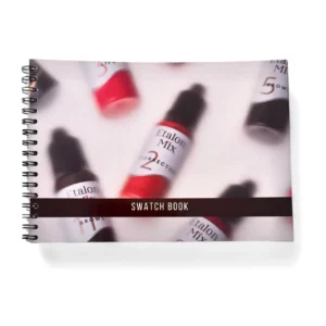 Etalon Mix swatch book with spiral binding showing brow pigment bottles on the cover, used by professionals for accurate eyebrow colour matching and shade reference.