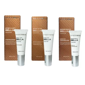 Maxymova Bella lash lift kit with Step 1 Lift, Step 2 Fix, and Repair Balm, professional Italian system for lifting, fixing, and nourishing lashes.