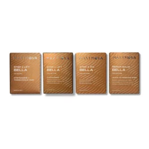Maxymova Bella Collection Korean lash lift sachets kit with Step 1 Lift Cysteamine + Thioglycolic Acid, Step 1 Lift Cysteamine, Step 2 Fix, and Repair Balm.