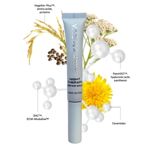 Maxymova Night Therapy Repair Balm ingredient overview showing peptides, ceramides, hyaluronic acid, panthenol, amino acids, and plant extracts for lash and brow repair.