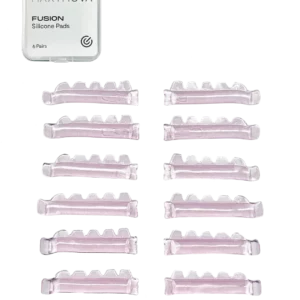 Maxymova Fusion Silicone Pads 6 pairs with storage case and translucent pink lash lift shields for Korean curl lash lifting treatments.