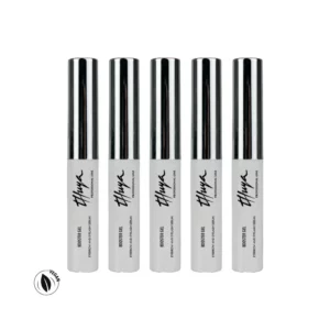 Thuya Growth Booster Gel eyebrow and eyelash serum retail pack of 5 pieces with silver caps on light background.