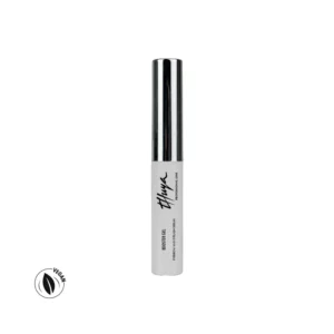 Thuya Growth Booster Gel eyebrow and eyelash serum in white tube with silver cap on light background with vegan icon.