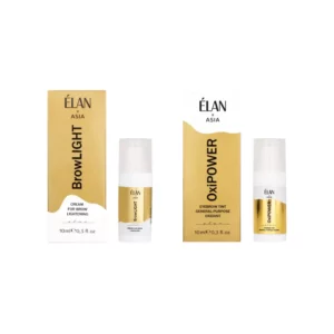 ÉLAN x ASIA BrowLight brow lightening cream and OxiPower oxidant with matching gold and white boxes displayed as a professional brow lightening set.