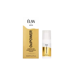 ÉLAN x ASIA OxiPower eyebrow tint general-purpose oxidant 10 ml in gold and white pump bottle with matching retail box on black background.