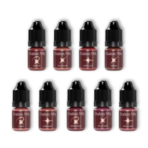 Etalon Mix Favor Mini Lip Pigments Set with nine PMU lip pigment bottles on black background, including Orbital, Sun Glow, and Polar Ray.