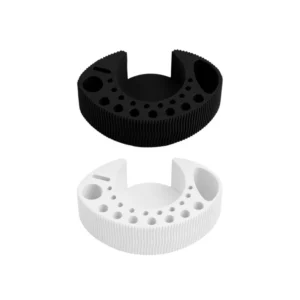 Black and white Katya Vinog LamiMaker Organizer with multiple tool holes and slots for storing lash and brow brushes, microbrushes and applicators.