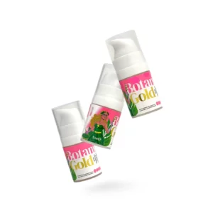 Three Pink Flash Botanic Gold Mini serum pump bottles with pink, gold and green botanical packaging on a light grey background for lash and brow aftercare.