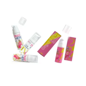 Pink Flash product set with three floating Dual Hero lift and treatment bottles and OrganicFix & Tint bottle with matching pink and yellow boxes.