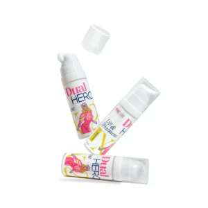 Pink Flash Dual Hero Step 1 shown as three floating pump bottles, one uncapped, for professional lash lift and brow lamination treatments.