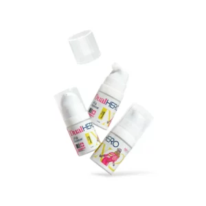 Pink Flash Dual Hero Step 1 Mini 5 ml shown as three floating pump bottles, one uncapped, for professional lash and brow lifting.